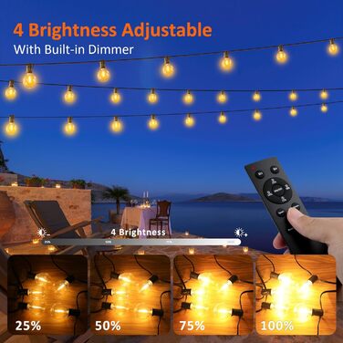 Ланцюжок прикрас для зовнішнього використання з таймером, 15 м LED-ланцюжок живлення на вулиці з 25+2 G40 лампочками, 4 режими та регульована яскравість. Водостійкий гірлянда для саду, балкону, тераси, вечірки, весілля (тепле біле світло)
