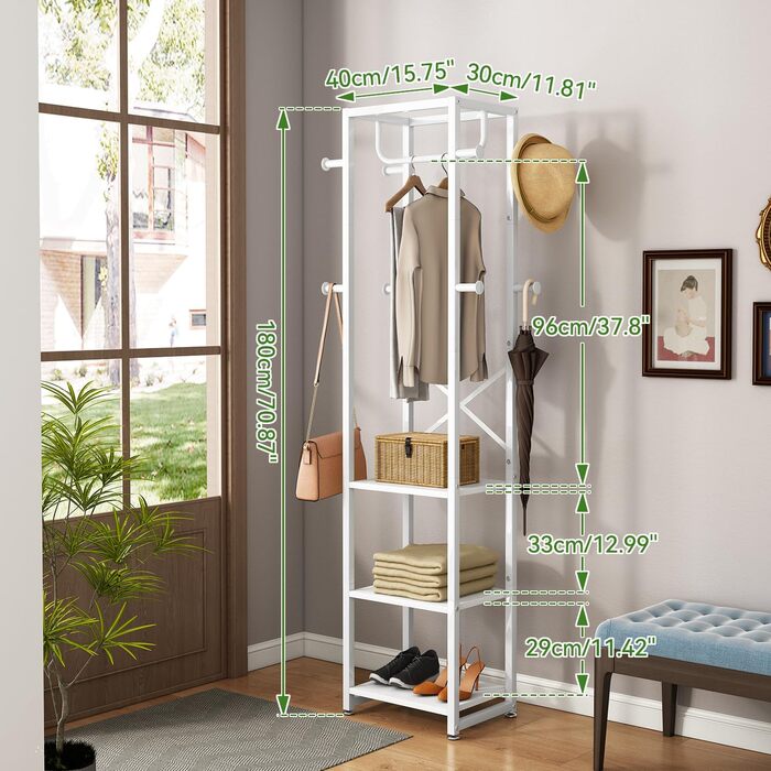 Стійка для одягу IBUYKE, вішалка для одягу з 3 полицями та 8 гачками, індустріальна стійка для передпокою, коридору, спальні, натуральний колір та білий, TMJ088R (180 x 40 x 30 см)
