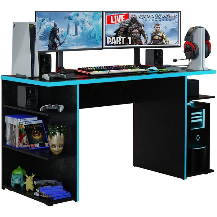 Комп'ютерний стіл Madesa Gaming з 5 полицями, 136x60x75 см, дерево - чорний/синій