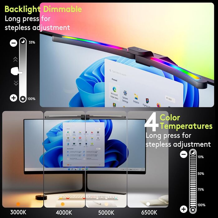 Quntis LED лампа для монітора 66 см з RGB підсвічуванням та пультом дистанційного керування, регульована, з автодиммуванням, захистом від синього світла, без мерехтіння, для геймінгу