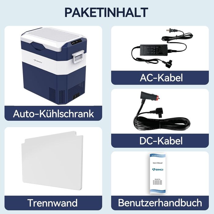 Автохолодильник BINGI 18л портативний 12/24V, 230V з функцією морозильника (-18°C до 15°C) для авто, кемпінгу, дому (синьо-білий)