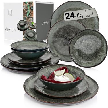 Набір посуду SÄNGER Teller Set Kopenhagen 24 шт. з кераміки для 8 осіб, сервіз включає тарілки для їжі, сніданку та супу, набір тарілок для обіду, стійкий до миття в посудомийній машині, зелений, сірий | PREMIUM COLLECTION 24 шт.