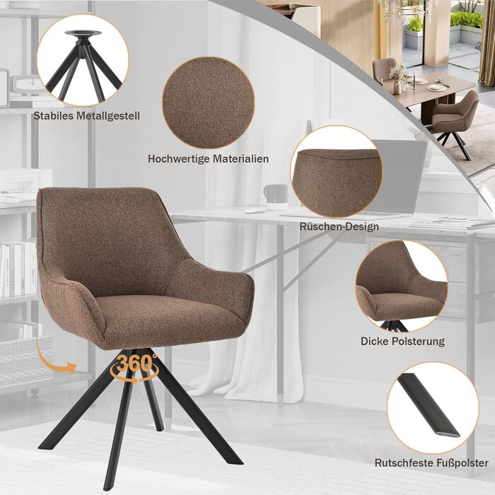 Обідні крісла поворотні 6 шт. з підлокітниками – 360° обертання, м'яке крісло з льону, сучасний поворотний стіл для кухні з металевим каркасом та спинкою для їдальні, вітальні, офісу, коричневий. 6 шт.