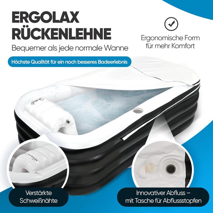 Надувна ванна TIMELAX® XL з ергономічною спинкою, 0,5 мм PVC, без BPA | Мобільна ванна для дорослих, чорна