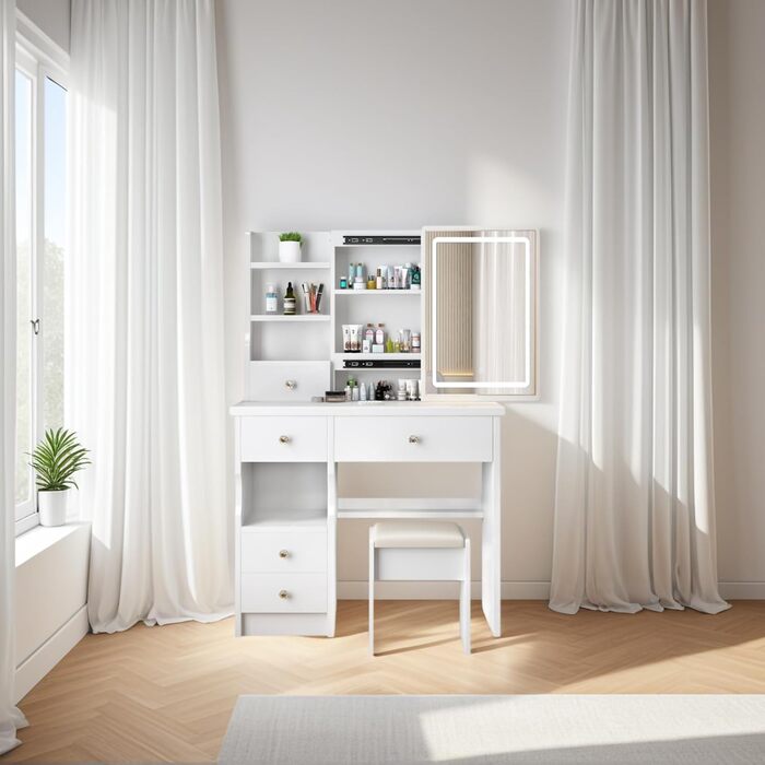 Дзеркальний туалетний столик YuYe з LED-підсвічуванням, регульованою яскравістю, з пуфом, 5 шухлядами та 3 полицями, білий, модель T68
