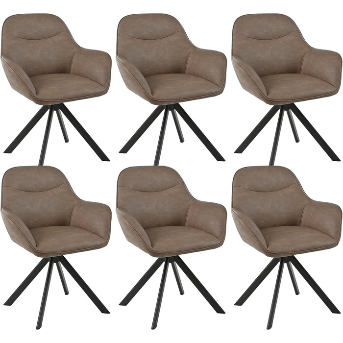 Обідній крісло з підлокітниками, набір з 6 обертових крісел, крісло для кухні, офісу, м'яке крісло з поліестеру та металевими ніжками, спинкою (6 шт., темно-коричневий)