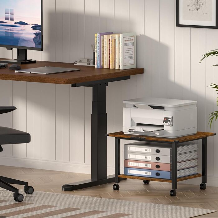 Стіл для принтера LELELINKY з роликами, мобільний двоярусний стійка для принтера, підставка для принтера з фіксуючими колесами, візок для принтера для офісу, факсу та дому, 52,5 x 40 x 36 см, Колір: Коричневий