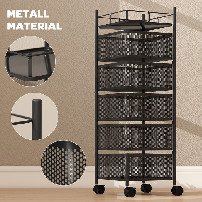 Візок для кухні з 5 обертовими кошиками, 4 поворотними колесами, металевим каркасом, чорного кольору