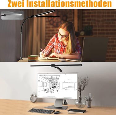LED настільна лампа LOTTBUTY з гнушим шийкою, 24W, 80см, для офісу та дому, регулювання яскравості, денне світло, чорний колір