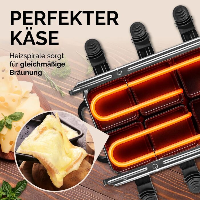 Raclette Gourmetmaxx 2-в-1 з Фондю | Набір раклет для 8 осіб – ідеальний для вечірок | Набір раклет-фондю на 8 осіб з 8 сковородочками, лопатками та виделочками для фондю | Преміум якість