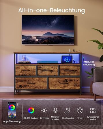 SONGMICS BELLAH: Комод з LED-підсвіткою, тумба з бездроговою зарядкою, 5 шухляд, індустріальний стиль, vintage brown + ink black