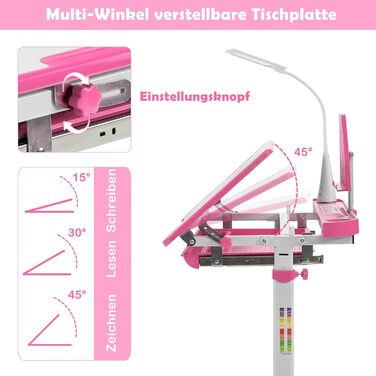 Дитячий письмовий стіл з регулюванням висоти та нахилу зі світлодіодною лампою, підставкою для книг, стільцем та шухлядою (рожевий)