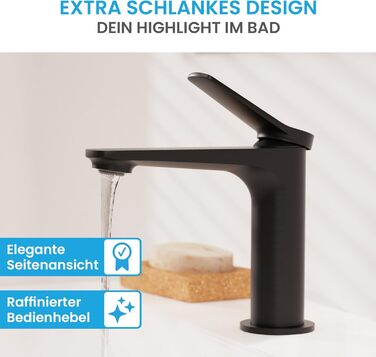 Змішувач для умивальника Bächlein Aldeya чорний матовий з монтажним комплектом, високий однорідний змішувач для накладної раковини