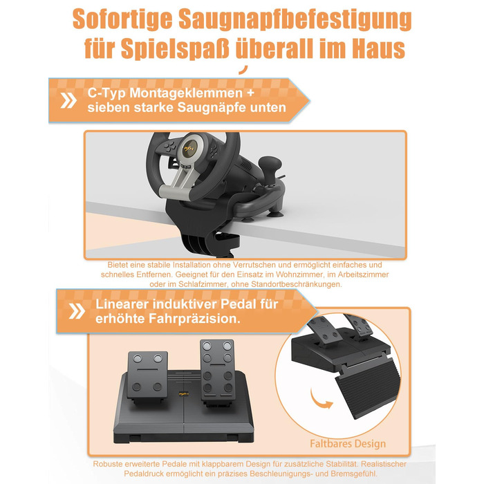 PXN V3 Pro Ігровий кермо з педалями для ПК, PS4, PS3, Xbox, Nintendo Switch. 180° поворот, вібрація, педалі, перемикачі швидкостей - Чорний