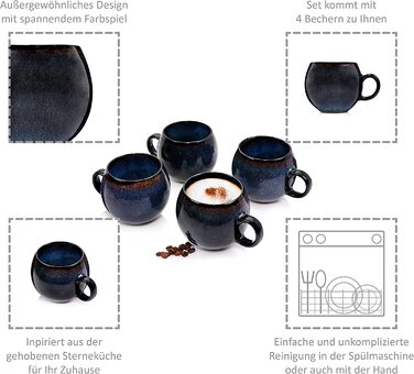 Набір кавових чашок Sänger Tokio 8 шт., чашки для капучино 4 шт., набір чашок з блюдцями, 80 мл, кераміка, блакитно-чорний колір з коричневими акцентами, PREMIUM COLLECTION