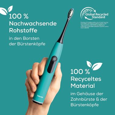 Електрична зубна щітка Beurer SC 30 Ocean Breeze: 4 режими чищення, 80 000 коливань, таймер, LED-дисплей + 2 насадки, корпус з переробленого пластику