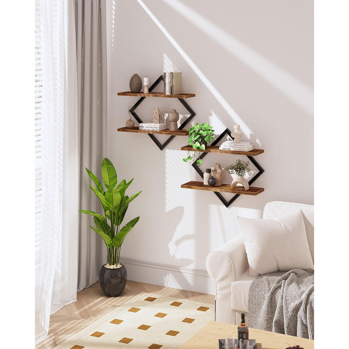 Набір плаваючих полиць Wandregal 2 шт, двоярусні настінні полиці в вітальню, спальню, кухню, офіс, коричневі та чорні DTBJ01P2BF