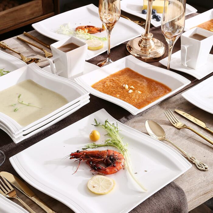 MALACASA Серія Flora – 60-елементний посудний сервіз для 12 осіб – кремово-білий порцелан з квадратним дизайном (тарілки, чашки, блюдця) – підходить для миття в посудомийній машині та для використання в мікрохвильовій печі