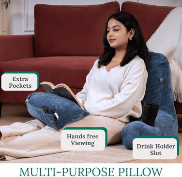 Storrejoy Велике крісло-лежак для читання з підголовником, кишенями та тримачем для книги/планшета (антрацит, блакитний)