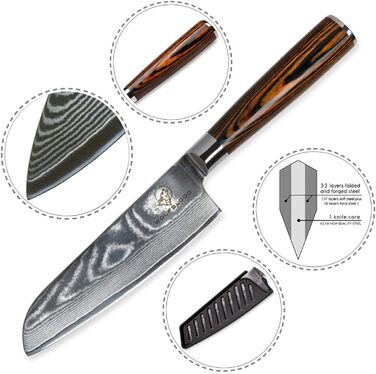 Ніж Santoku Wolfblood з дамаської сталі 67 шарів (24 см) - професійний кухонний ніж з дерев'яною ручкою, подарункова коробка та захист леза