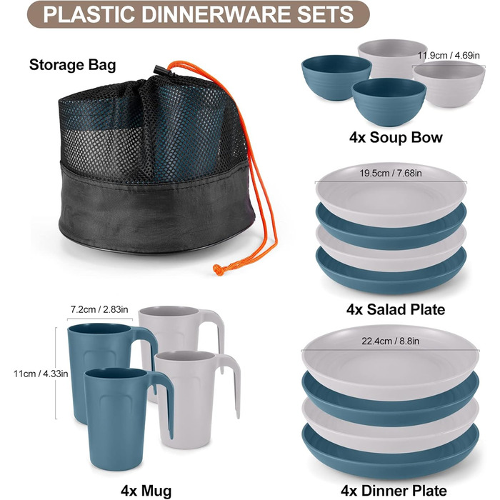 Набір посуду Odoland на 4 особи, 17 предметів: тарілки, миски, чашки (пластик, блакитний/сірий)