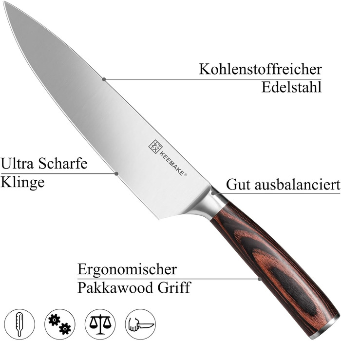 Набір кухонних ножів Keemake, 7-кількісний з дерев'яним блоком, професійний, з нержавіючої сталі, з пластиковою ручкою