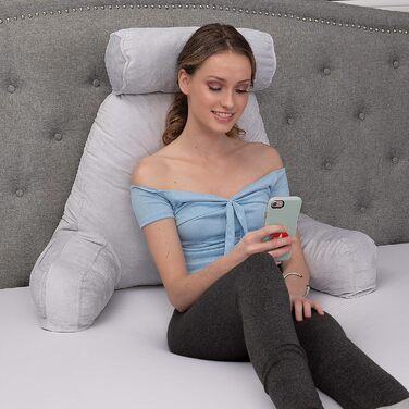 Подушка для чоловіків з підлокітниками - темно-сіра, для читання та відпочинку в ліжку | Premium Memory Foam | Знімна подушка для шиї