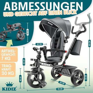 Дитячий триколісний велосипед KIDIZ 6-в-1: з ручкою, кошиком, сонцезахисним дахом, до 25 кг, сірий