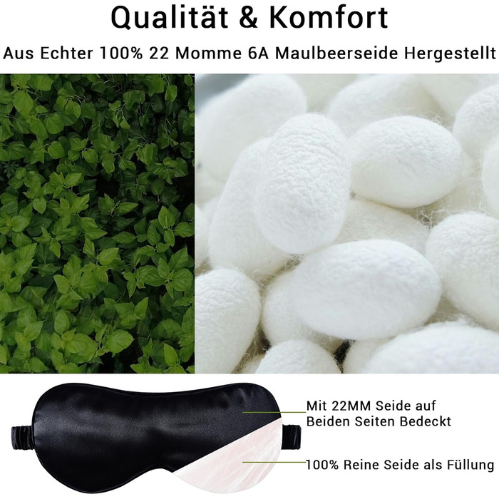 Сліпиця для сну з 100% натурального шовку 22 Momme, для комфортного сну та повного затемнення. Шовкова сліпиця з еластичним ремінцем, наповнена чистим шовком (Морська синя) (Чорний - Реальний 22 мм)