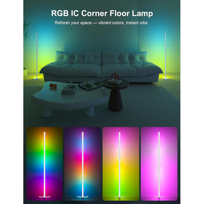 LED торшер для вітальні білий з пультом ДУ, RGB лампа 140 см, 16 млн кольорів, синхронізація з музикою, кутова, з таймером