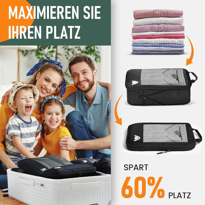 Набір компресійних органайзерів для одягу в подорожі, 8 предметів, дорожні сумки-пакувальники для валізи та рюкзака, чорні