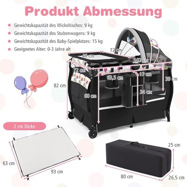 Дитяче туристичне ліжко COSTWAY 5 в 1 з матрацом, бебі-ліжко, ліжко-гойдалка з регульованим козирком, пеленальний столик, музична іграшка та сумка, до 15 кг