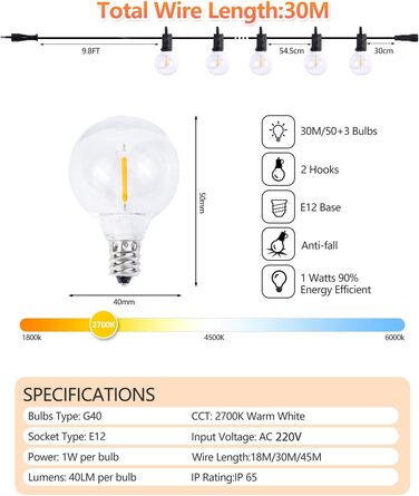 Світлодіодні струнні світильники зовнішня/внутрішня, 2700K теплий білий, водонепроникний IP65, лампи G40, 30M для саду/вечірки