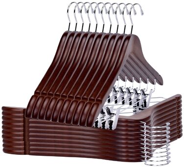 Дерев'яні вішалки для одягу з кліпсами (20 шт.), масивне дерево, вішалка для штанів, регульовані металеві кліпси, поворотний гачок, для пальто, сорочок, костюмів (Волоський горіх - Хромований гачок)