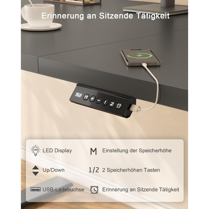 Електричний стіл JUMMICO з регулюванням висоти 120 x 60 см з USB-портом для зарядки, чорний