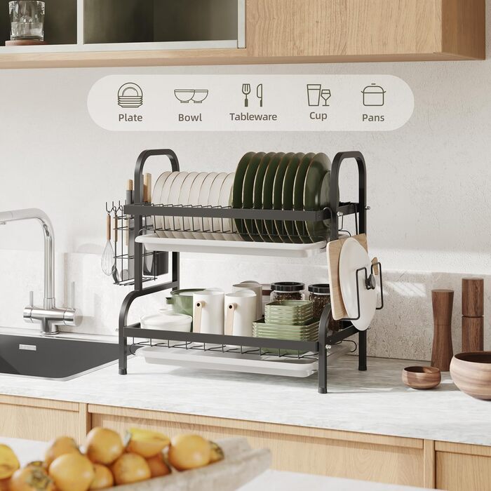 Сушарка для посуду NETEL 2-ярусна, чорна: з піддоном, тримачем для столових приборів, підставкою для ножів та склянок