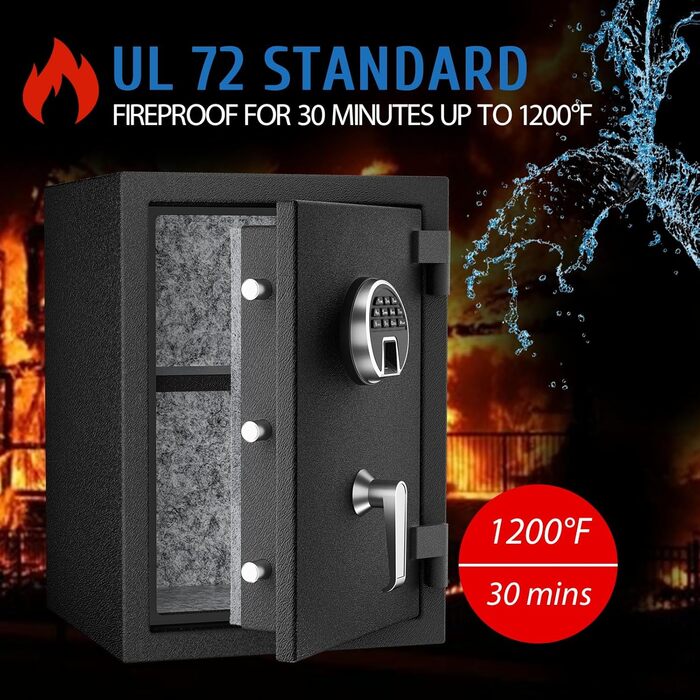 Biometричний сейф WASJOYE з захистом від вогню: відбиток пальця, цифрова клавіатура, USB-зарядка, 40L, для дому, офісу, готелю