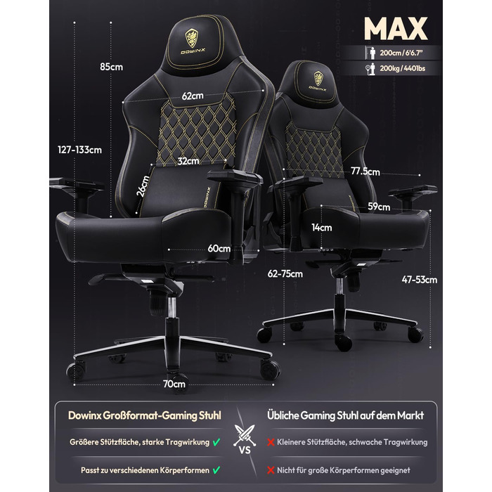 Ігровий крісло Dowinx 200 кг, ергономічний офісний крісло з 4D підлокітниками та підтримкою попереку, регульована висота, чорний