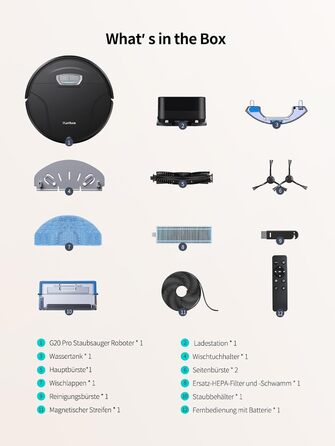 Робот-пилосос HONITURE G20 Pro з функцією миття, 4500Pa, керування через додаток, 180 хв роботи, для тварин, килимів та твердих підлог, чорний