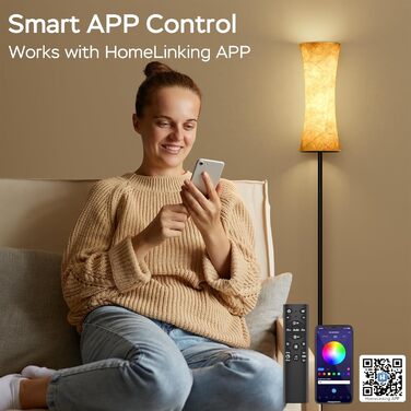 Підлоговий світильник Amdelne Dimmable RGB з пультом дистанційного керування/APP, синхронізацією музики, білим тканинним абажуром, (круглий)