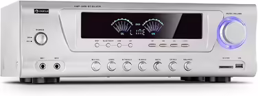 Auna AMP 3800 BT 5.0 - HiFi підсилювач 2x120 Вт + 3x50 Вт, Bluetooth, USB, SD, 2 мікрофонних входи, DVD-стерео, лінійний вихід, сріблястий
