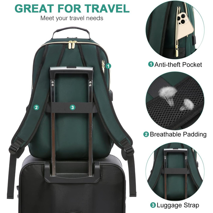 LOVEVOOK Рюкзак для жінок, великий, 15.6 дюймів, сумка для ноутбука, водонепроникний, шкільний рюкзак для дівчат-підлітків, чорний, елегантний рюкзак для роботи, навчання, подорожей (17.3 дюйми, темно-зелений)