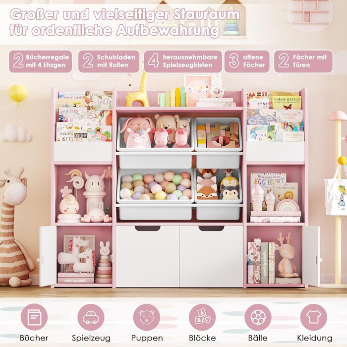 FOREHILL Дитяча полиця для іграшок та книг, стелаж для дитячої кімнати з 4 ящиками, рожевий (126x30x104 см)