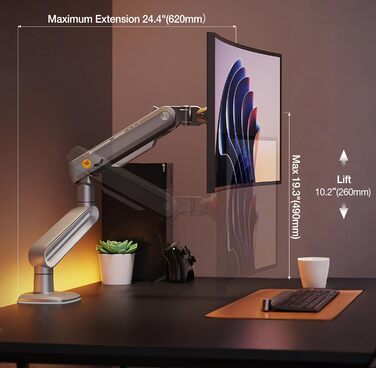 Кріплення для монітора NB Ergonomic A6 сірого кольору, підходить для моніторів 27-50 дюймів, навантаження до 18 кг, VESA 75/100 мм