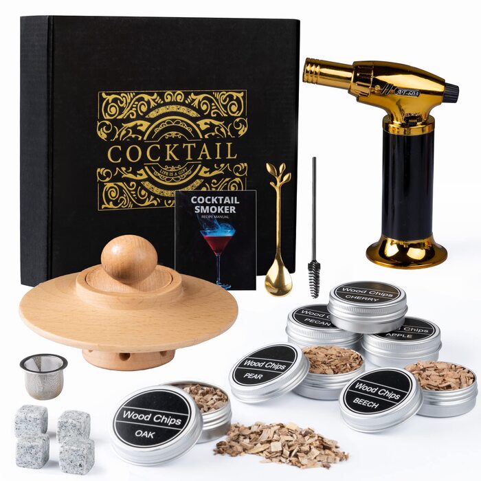 Набір для копчення віскі – Класичний подарунковий набір для любителів віскі та коктейлів (6 дерев'яних чіпсів, 4 гранітні камені, запальничка, аксесуари)