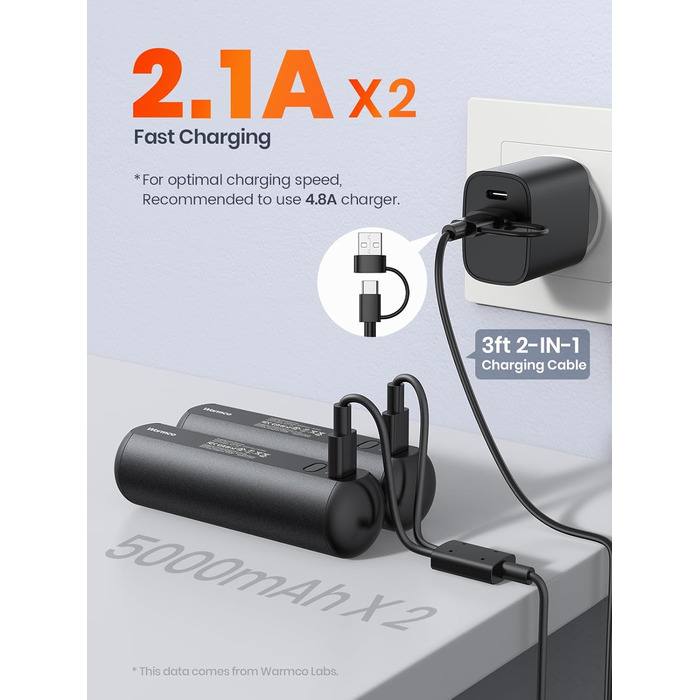 Електричні грілки для рук Warmco 2 шт., 10000 мАг, багаторазові, 3 режими нагріву, портативна батарея-грілка, чорний