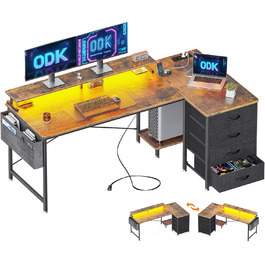 Письмовий стіл ODK з 4 висувними ящиками з тканини, 160x80 см, L-подібний, з 2 розетками та 2 USB-портами, для геймінгу та офісу, з підставкою для монітора, коричневий