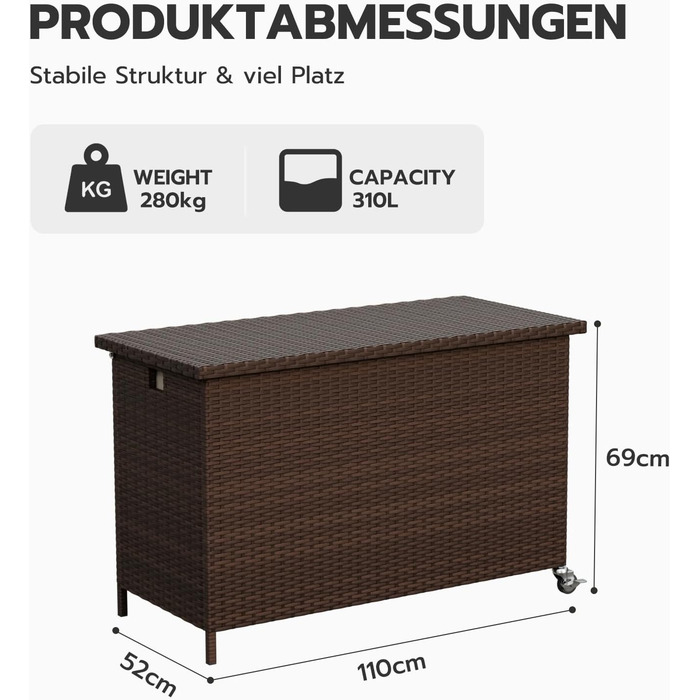 Водонепроникний садовий ящик Amopatio Gartenbox 480л з поліротангу, металевий з колесами та газліфтом для саду, балкону - коричневий