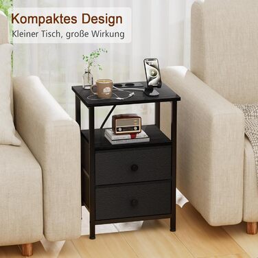 Нічний столик AMHANCIBLE з підзарядкою, приліжний столик з висувними ящиками з тканини, журнальний столик з відкритою полицею, з 2 USB-портами та 2 розетками, для спальні та вітальні, HETS020GY-1 (Чорний)