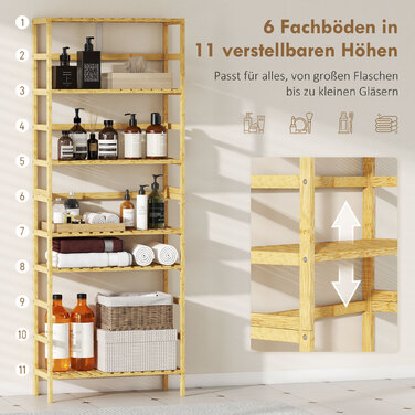 Стелаж з 6 полицями з бамбука, регульовані полиці, окремо стоячий стелаж для зберігання, натуральне дерево